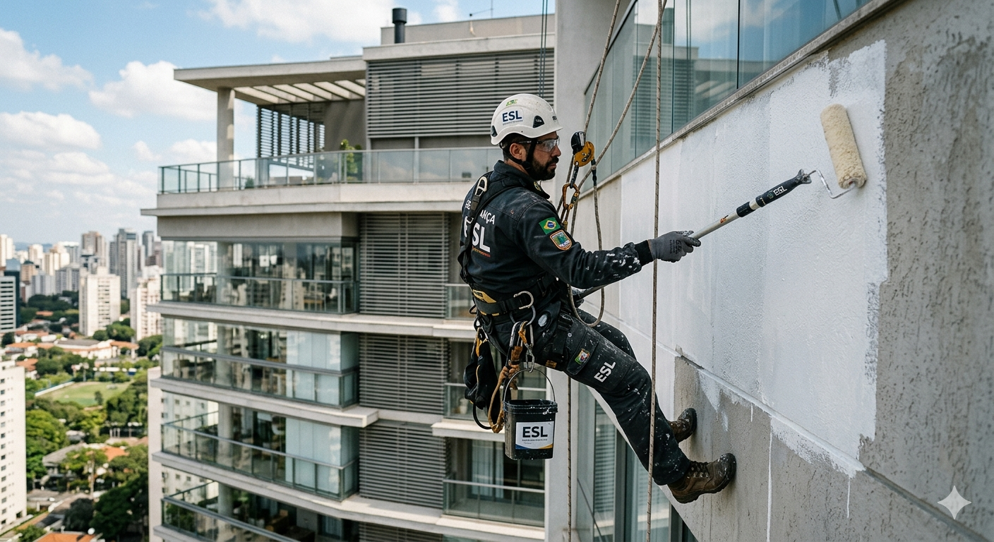 Pintura técnica de fachadas com tintas elastoméricas e restauração de fissuras. Proteção estrutural completa via alpinismo industrial.