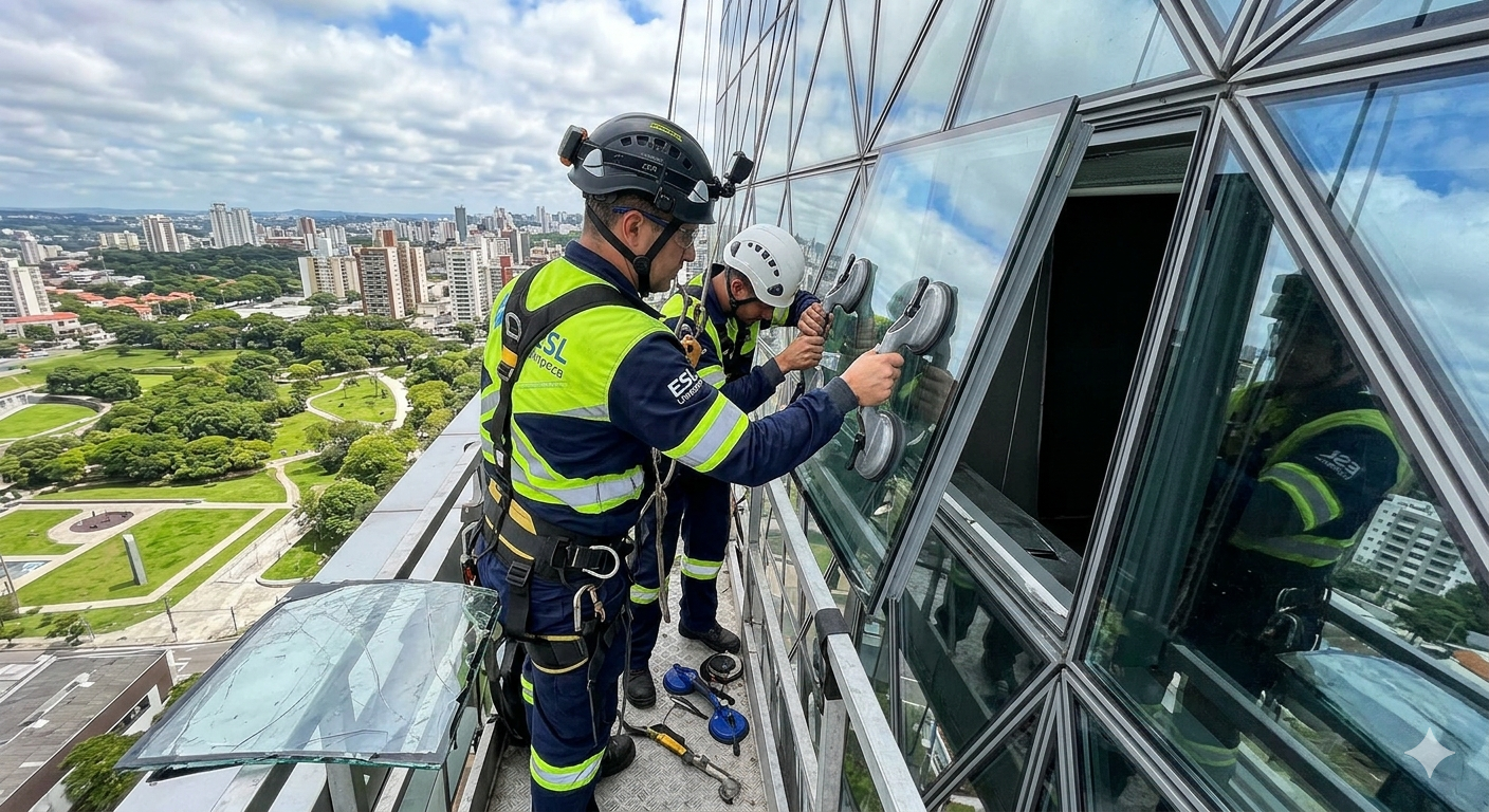Substituição de painéis de vidro pele de vidro (glazing) e claraboias. Manuseio técnico de vidros temperados/laminados com ventosas profissionais e içamento seguro via alpinismo industrial.