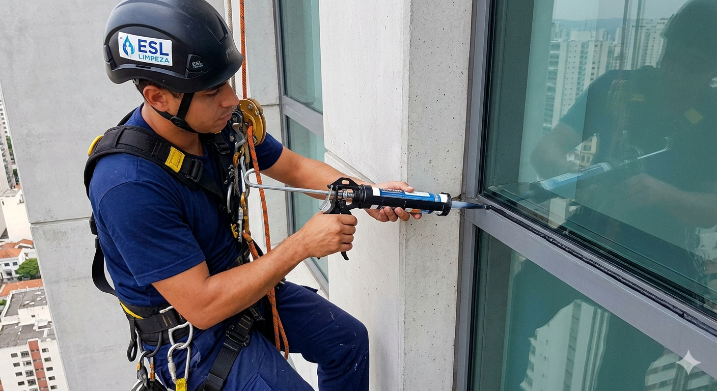 Vedação especializada de fachadas, janelas e juntas de dilatação em altura. Utilização de selantes de alta performance (PU/Silicone estrutural) para eliminação definitiva de infiltrações via acesso por corda NR-35.